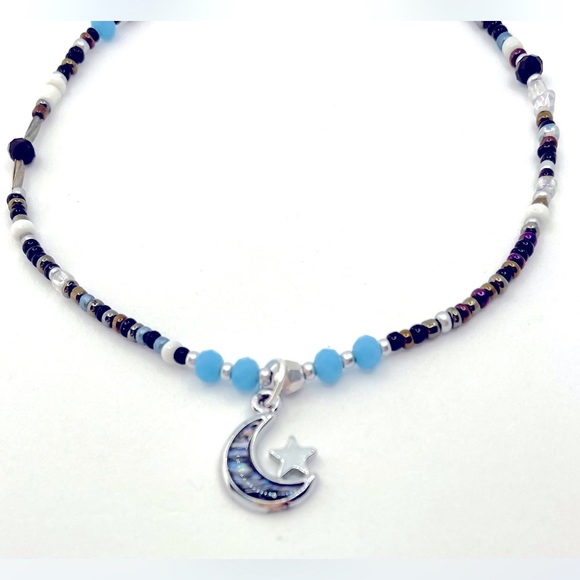 Anklet- Crystal beads and Silver Alloy Enamel moon charm. - Picture 2 of 4